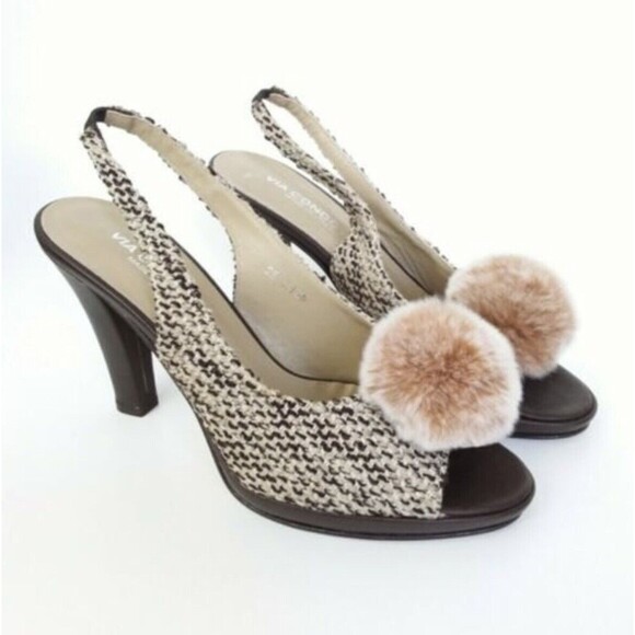 Via Condotti  Tweed Pom Pom Sling-back Peep-toe Sandals Brown 8 - Picture 11 of 11